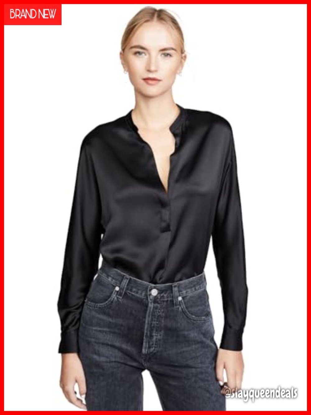 Satin Band Collar Popover Blouse Long Sleeve Split Neck Tunic